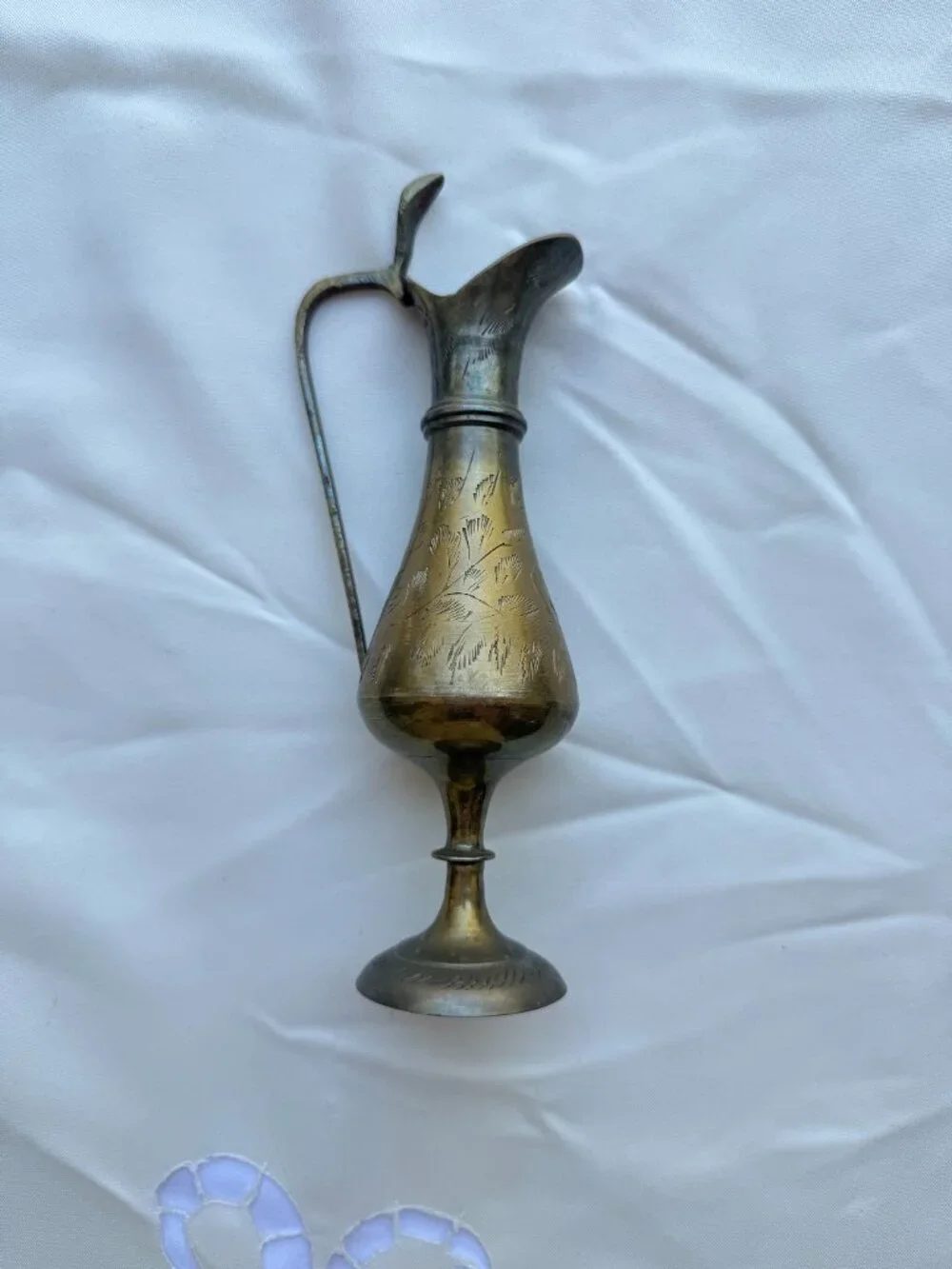 Vintage Etched Brass Bud Vase Decorative Mini Pitcher Floral Vessel